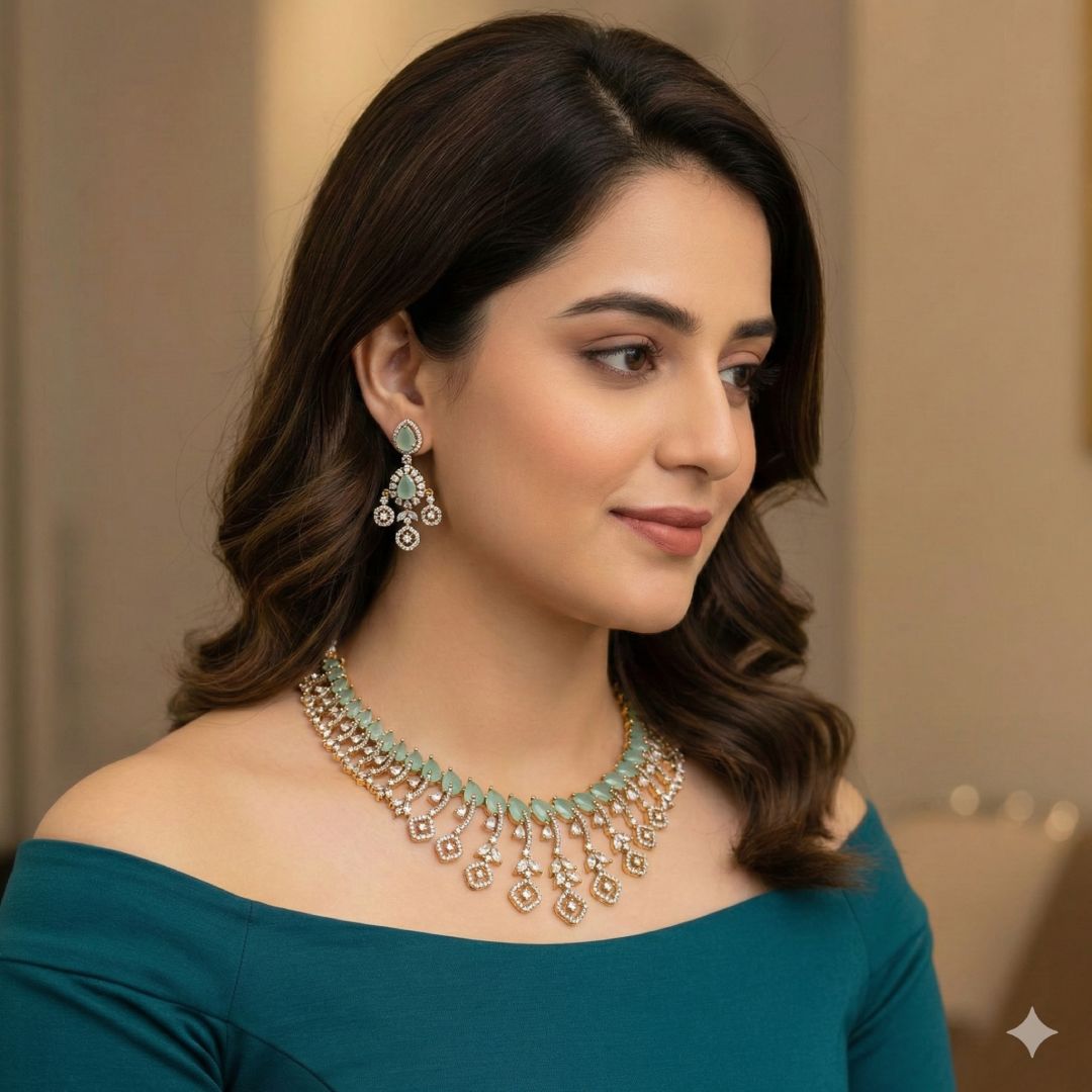 Leaf Motif AD Set with Tear-Drop CZ stones