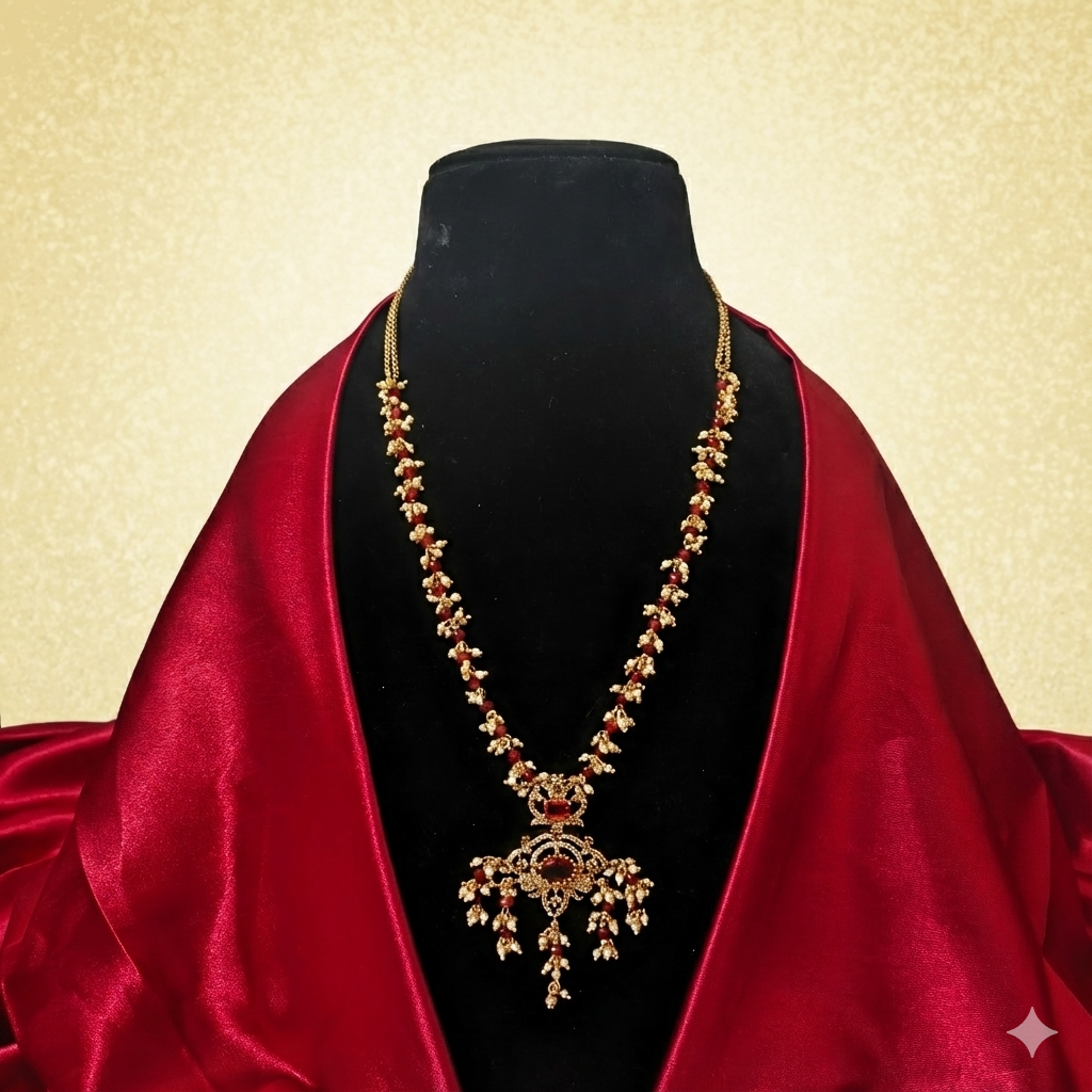 Ruby Stone Crown Pendant Pearl Mala Set