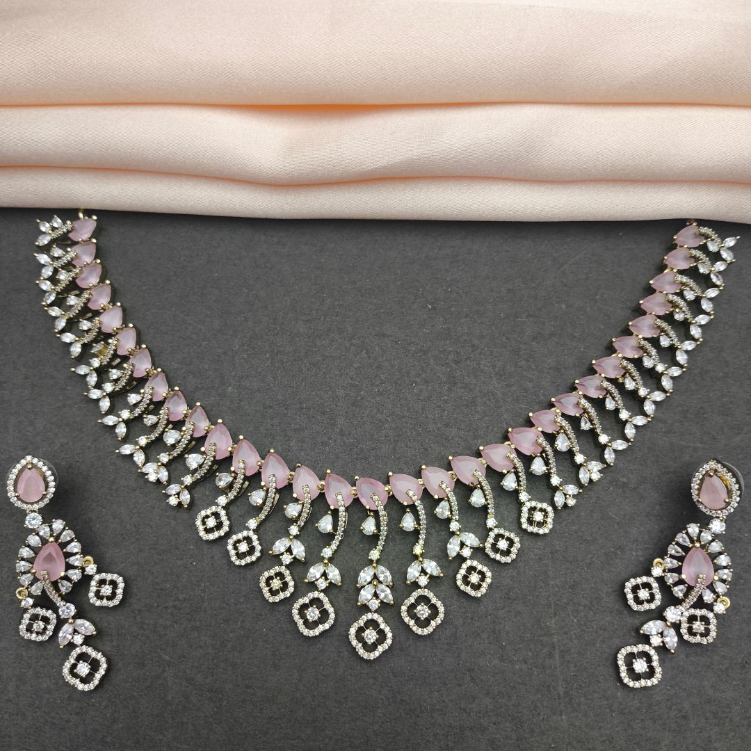 Leaf Motif AD Set with Tear-Drop CZ stones