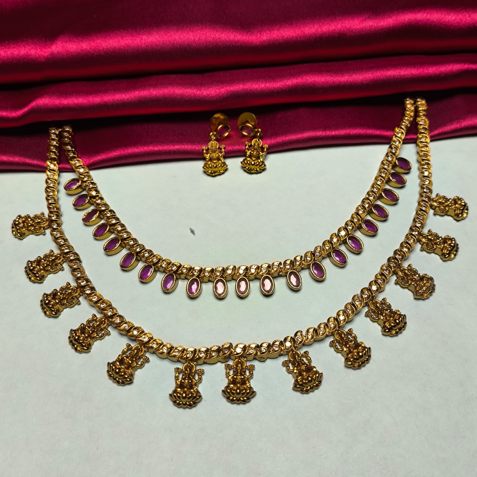 Pink Kemp Lakshmi Devi Temple Necklace Set
