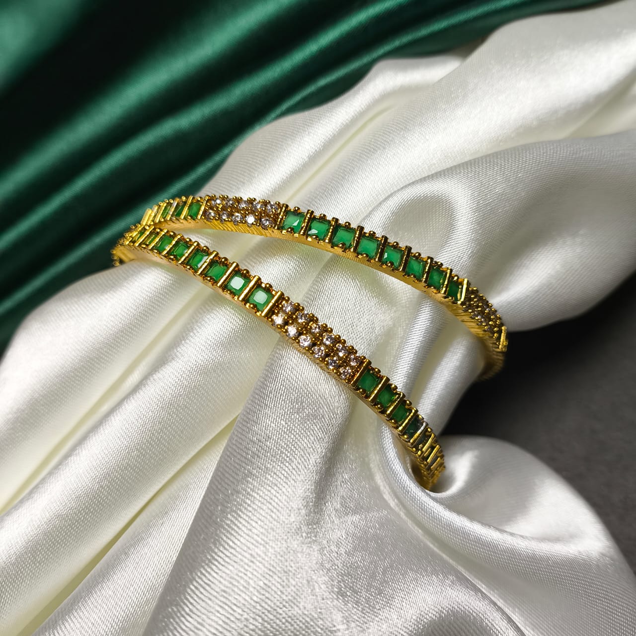 Emerald Green Bangles with White CZ Stones