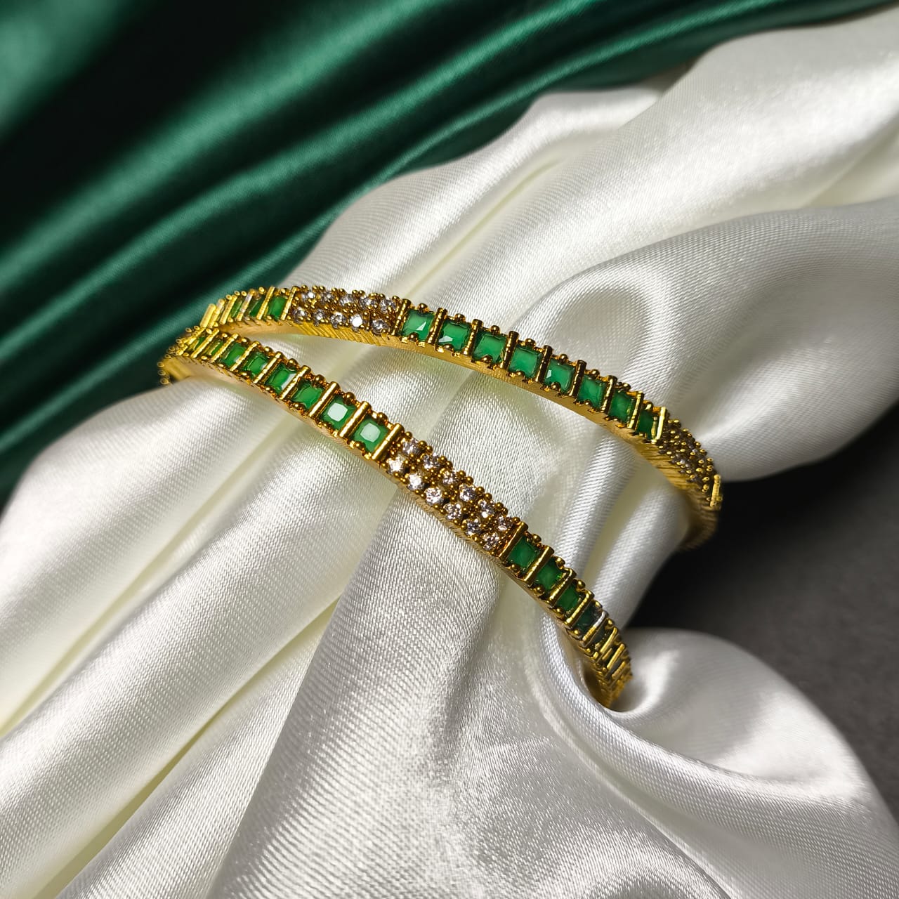 Emerald Green Bangles with White CZ Stones