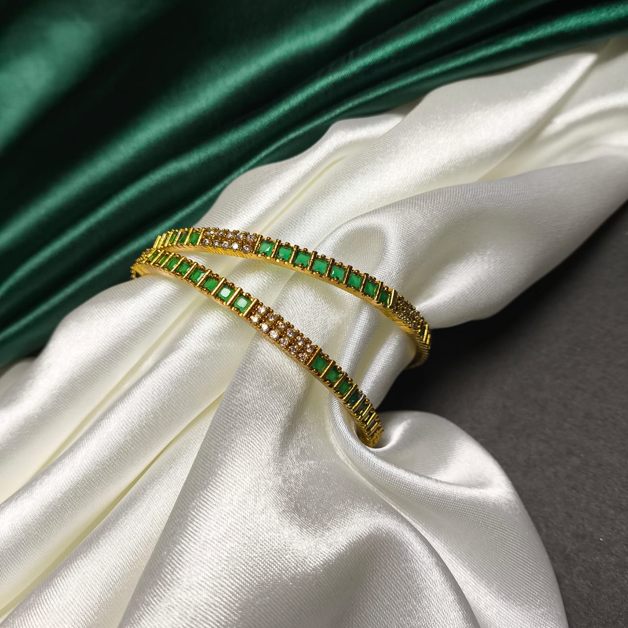 Emerald Green Bangles with White CZ Stones