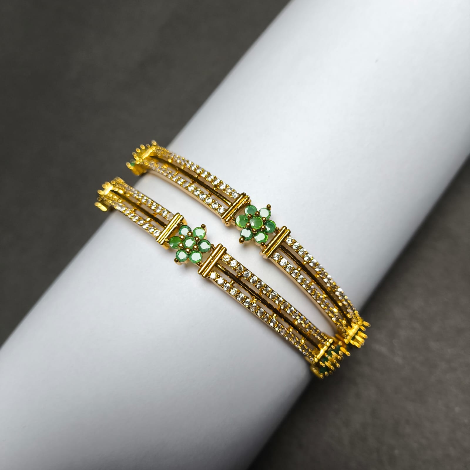 Dual Line CZ Bangles with Floral Motif