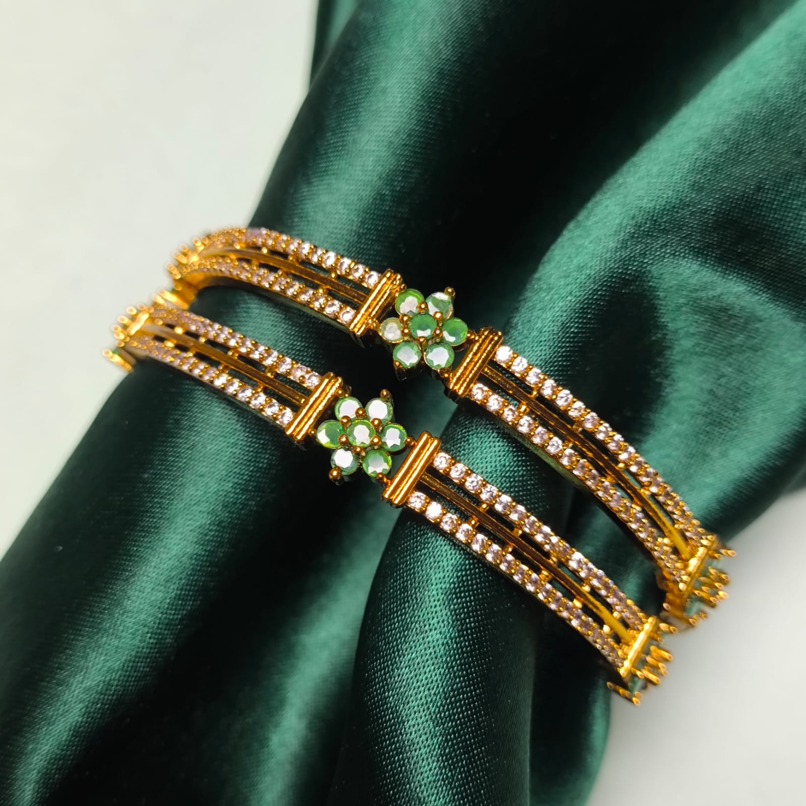 Dual Line CZ Bangles with Floral Motif