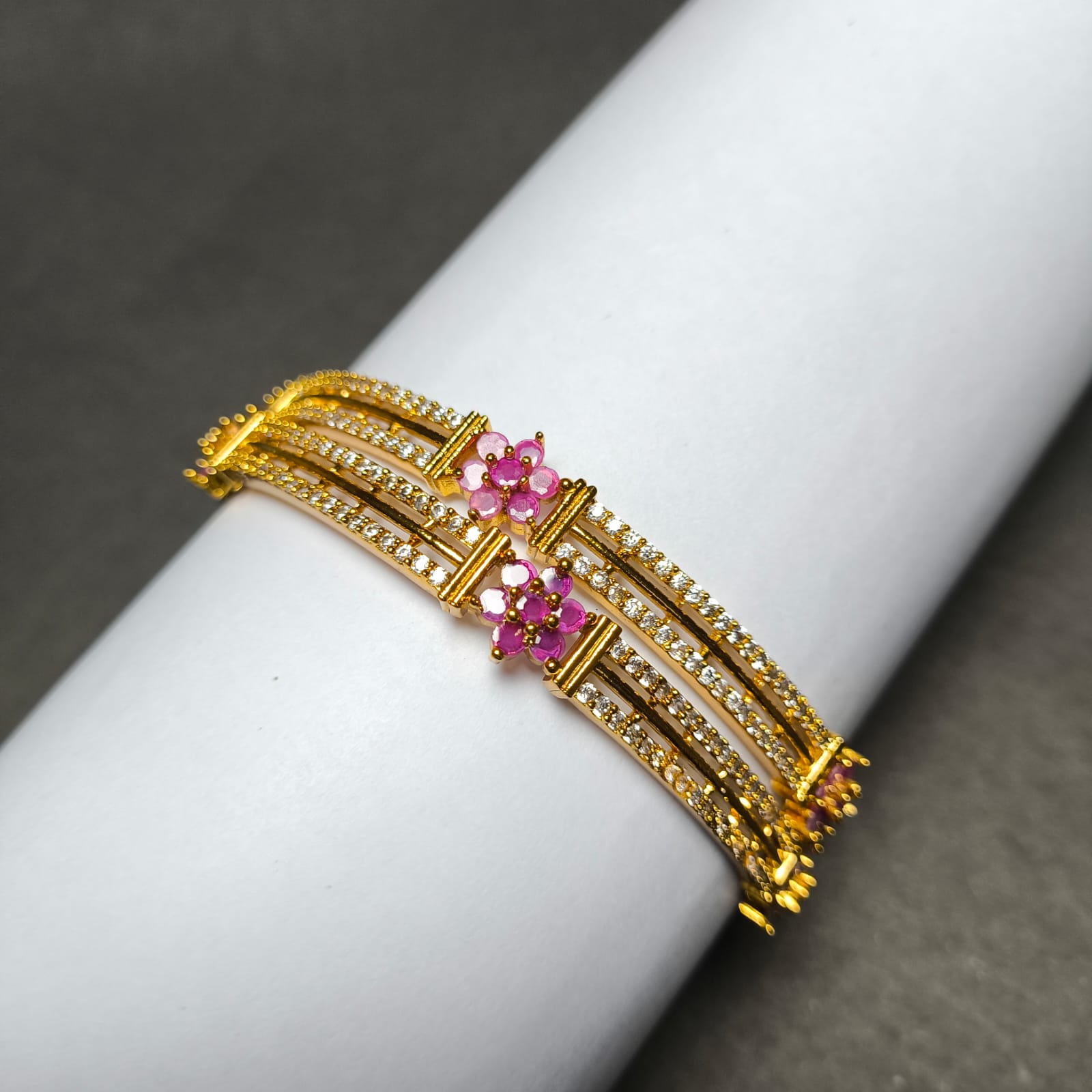 Dual Line CZ Bangles with Floral Motif