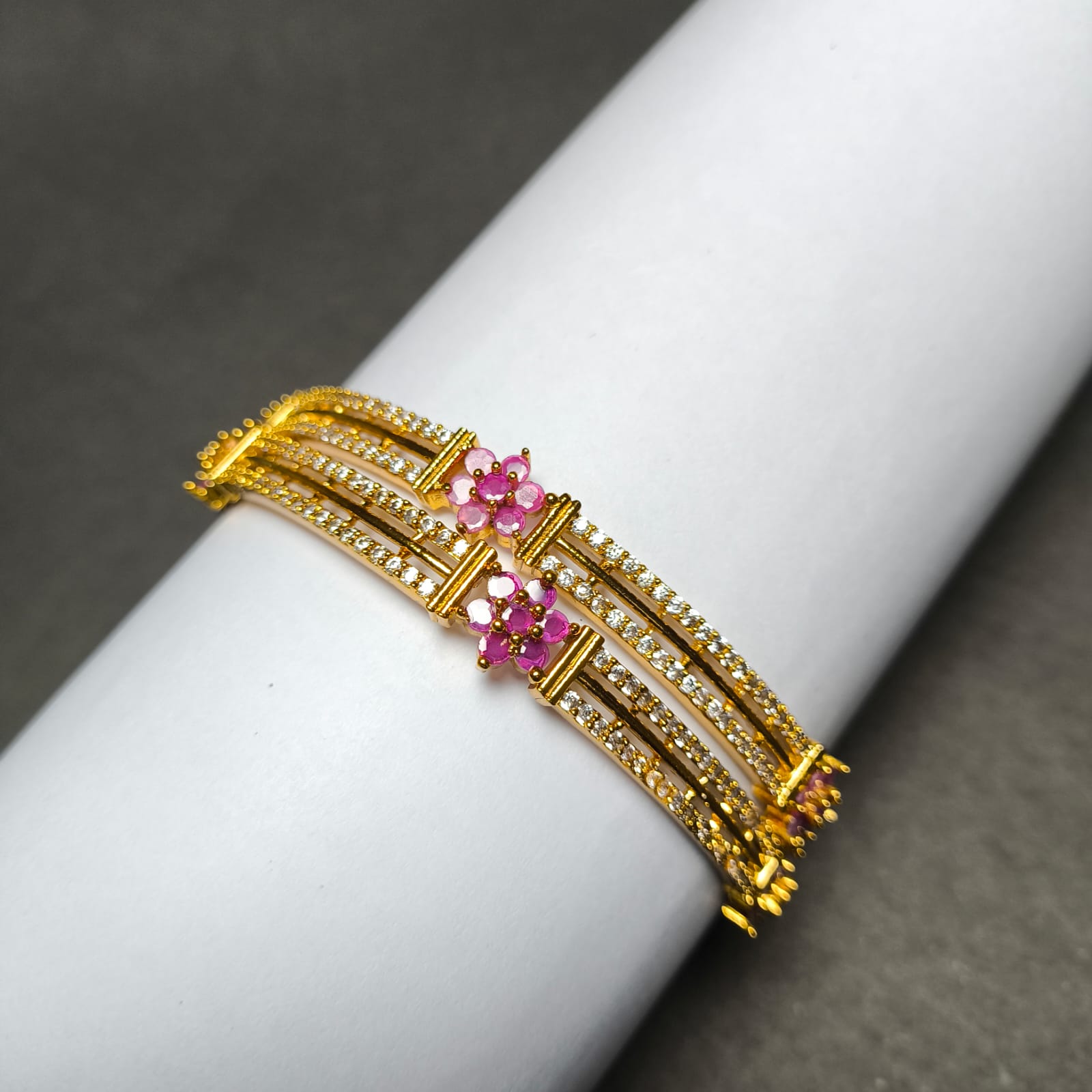Dual Line CZ Bangles with Floral Motif