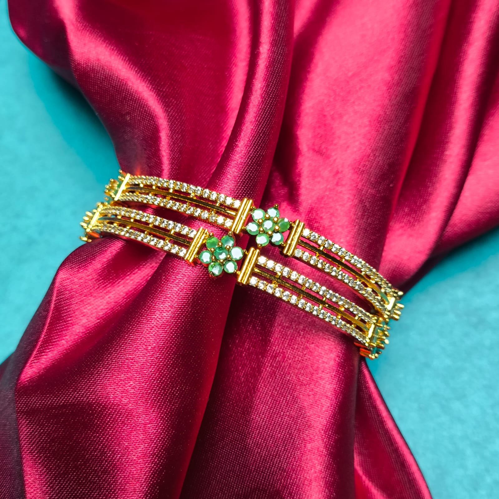 Dual Line CZ Bangles with Floral Motif