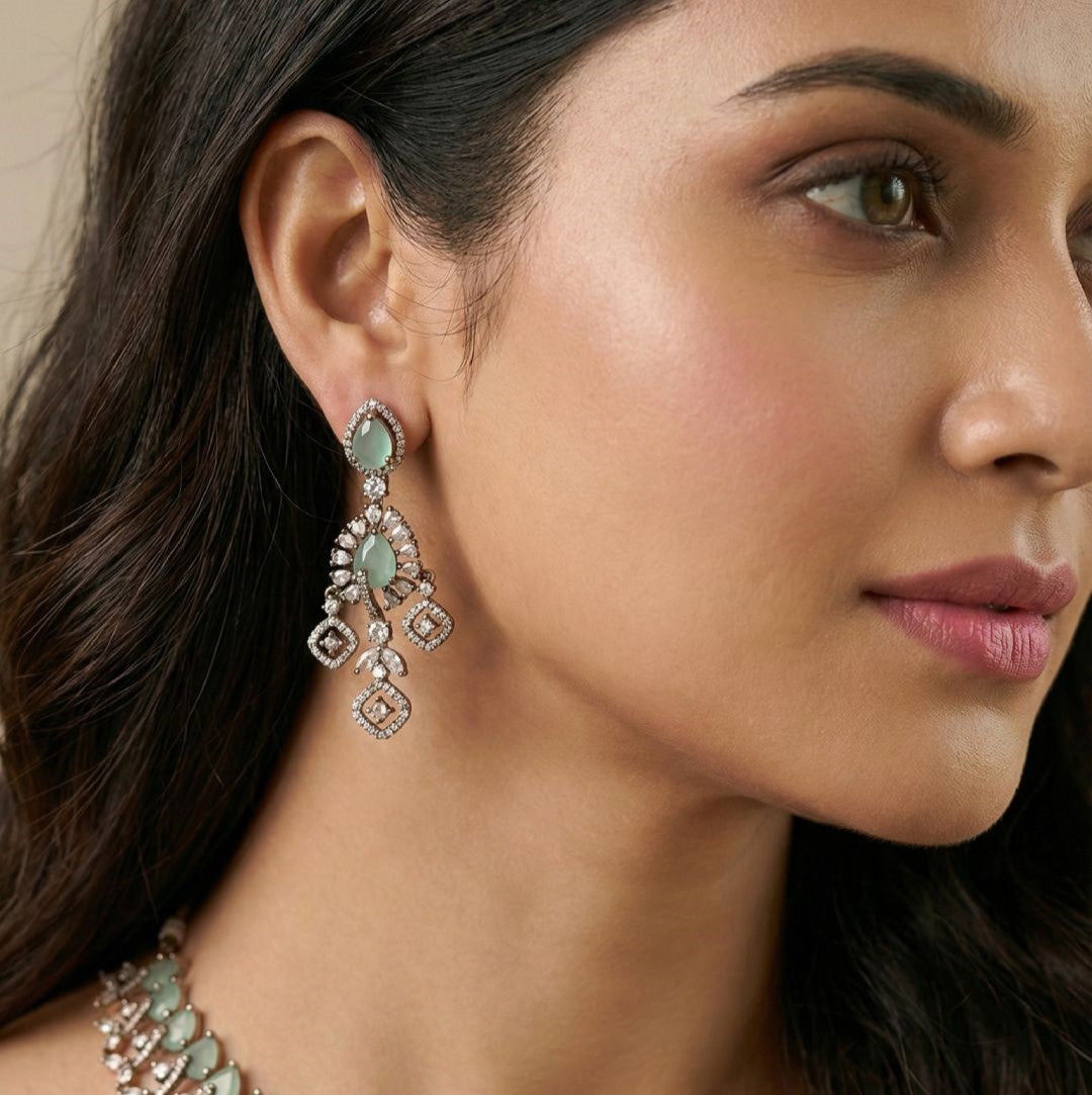 Leaf Motif AD Set with Tear-Drop CZ stones
