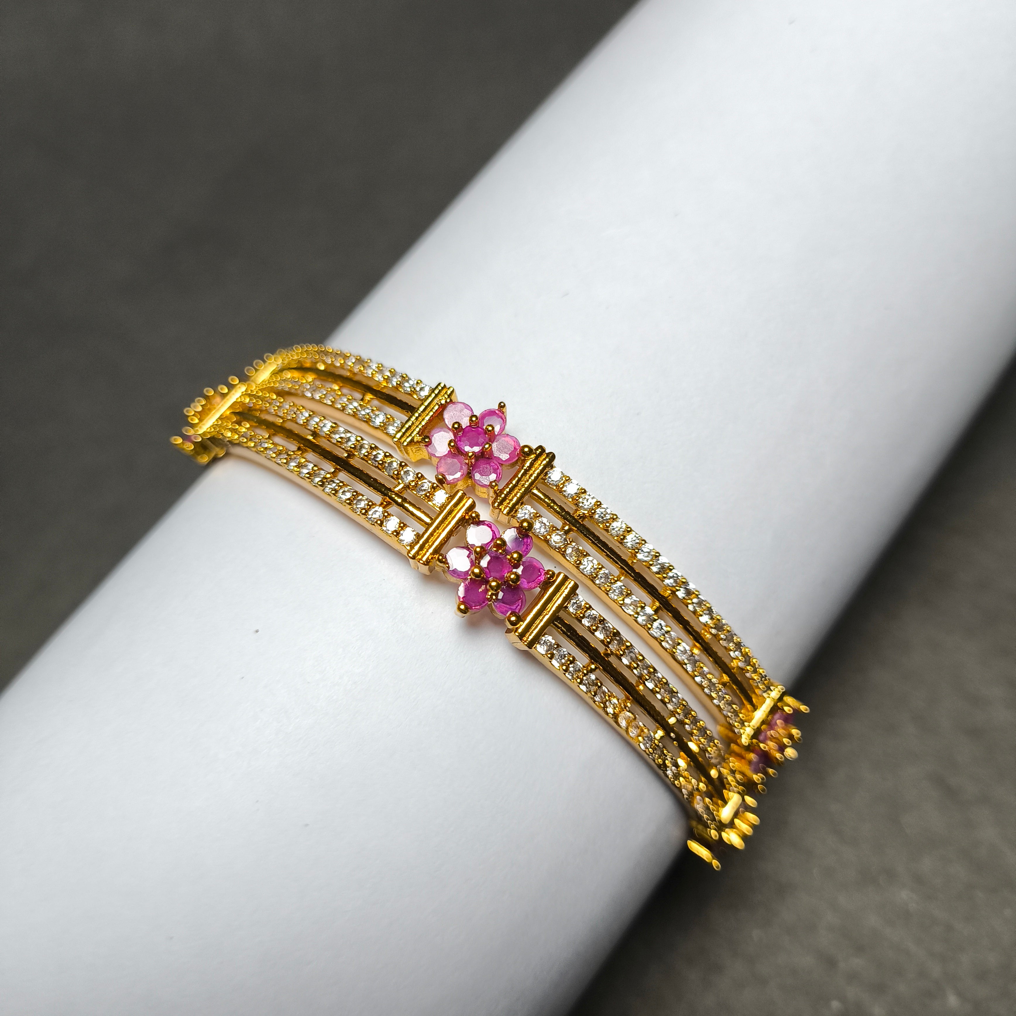 Dual Line CZ Bangles with Floral Motif