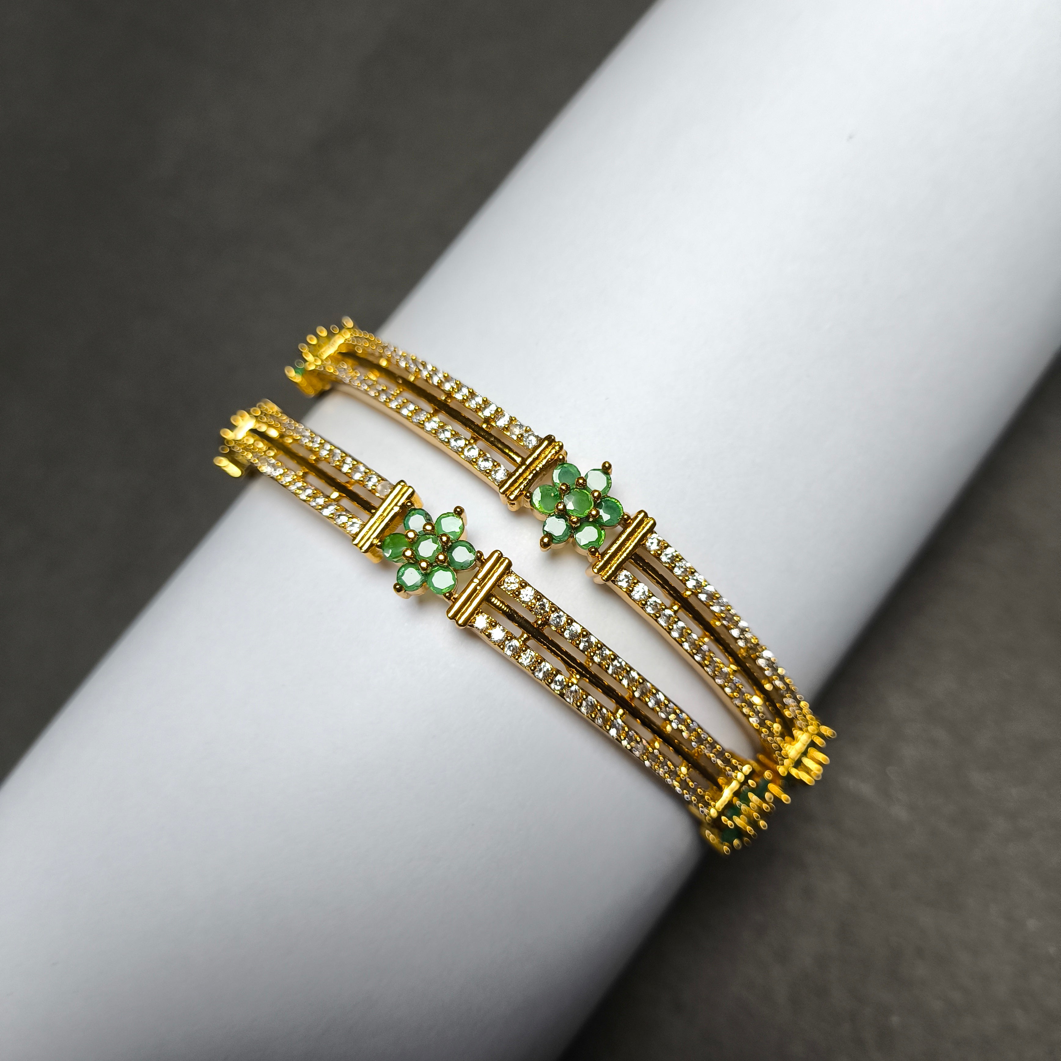 Dual Line CZ Bangles with Floral Motif