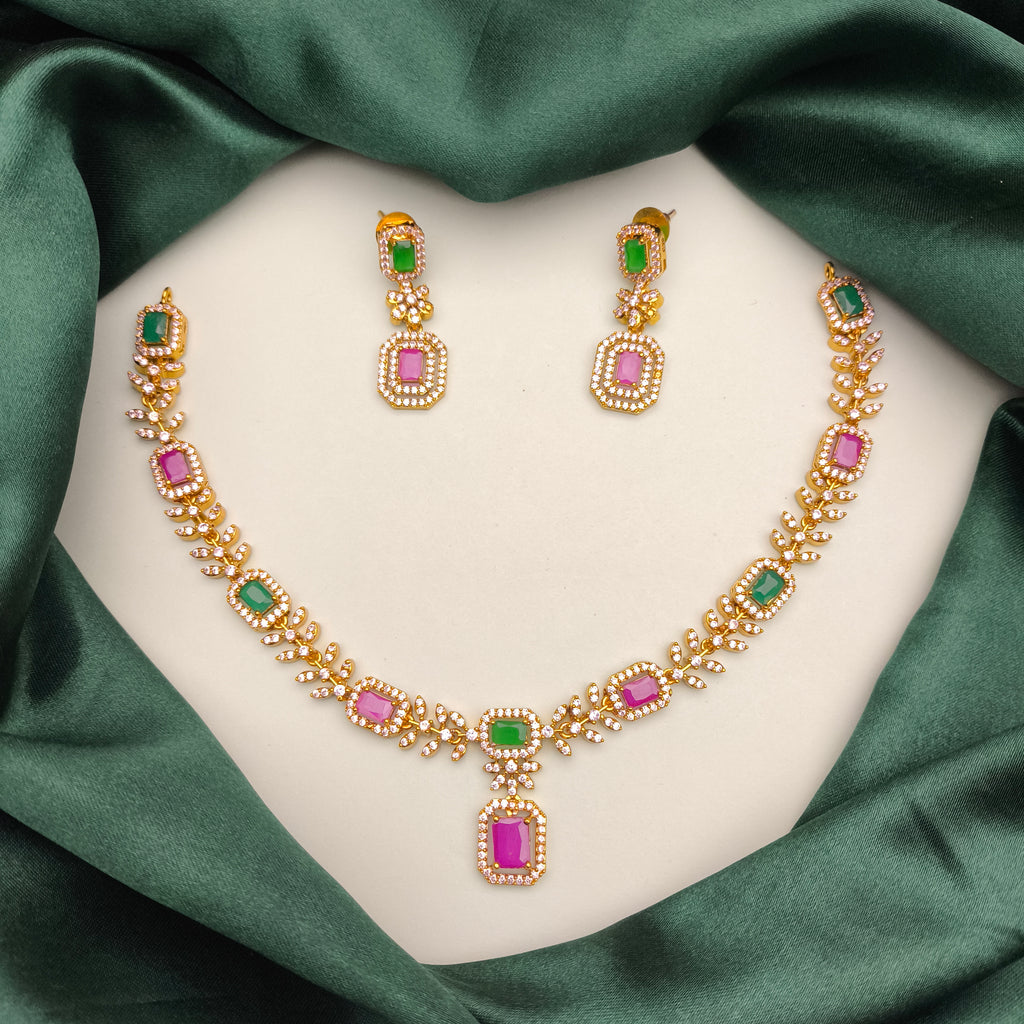 Ruby–Emerald Floral AD Necklace Set
