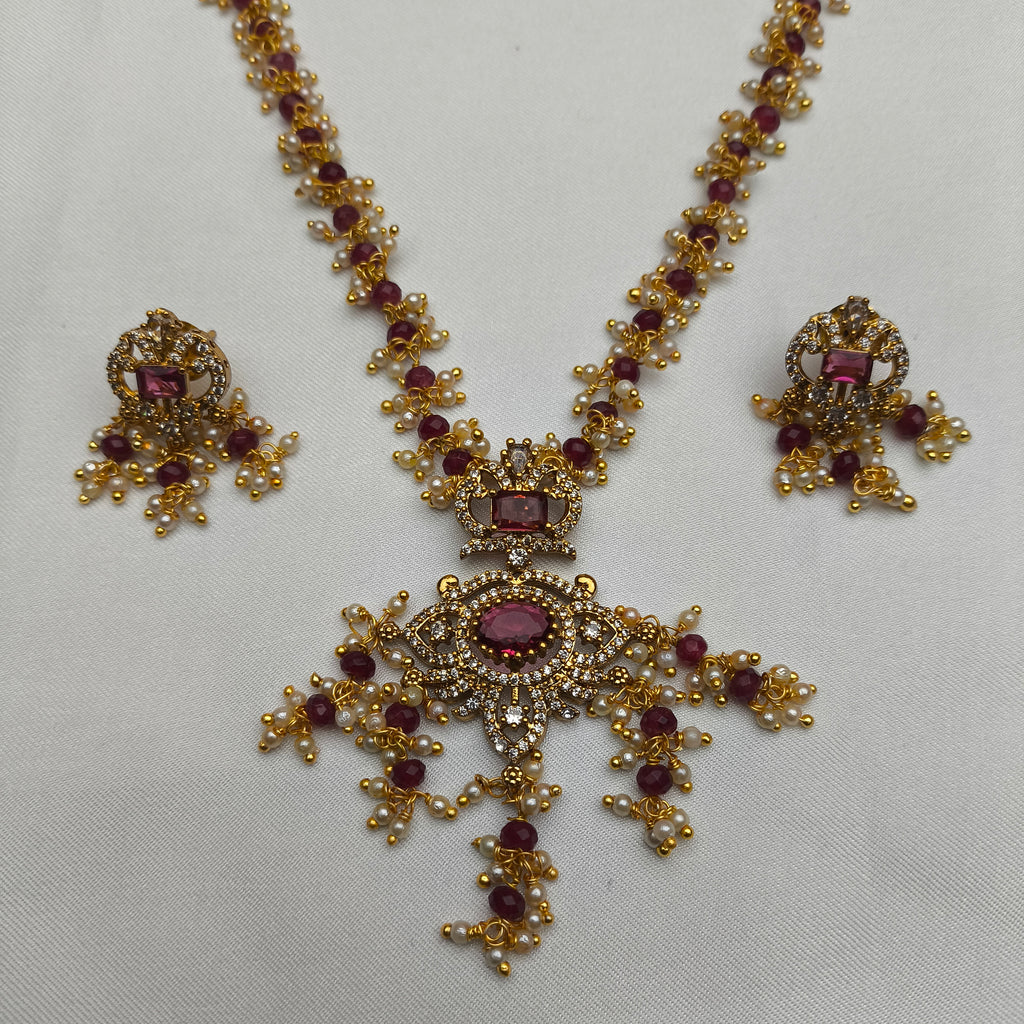Ruby Stone Crown Pendant Pearl Mala Set
