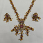 Ruby Stone Crown Pendant Pearl Mala Set