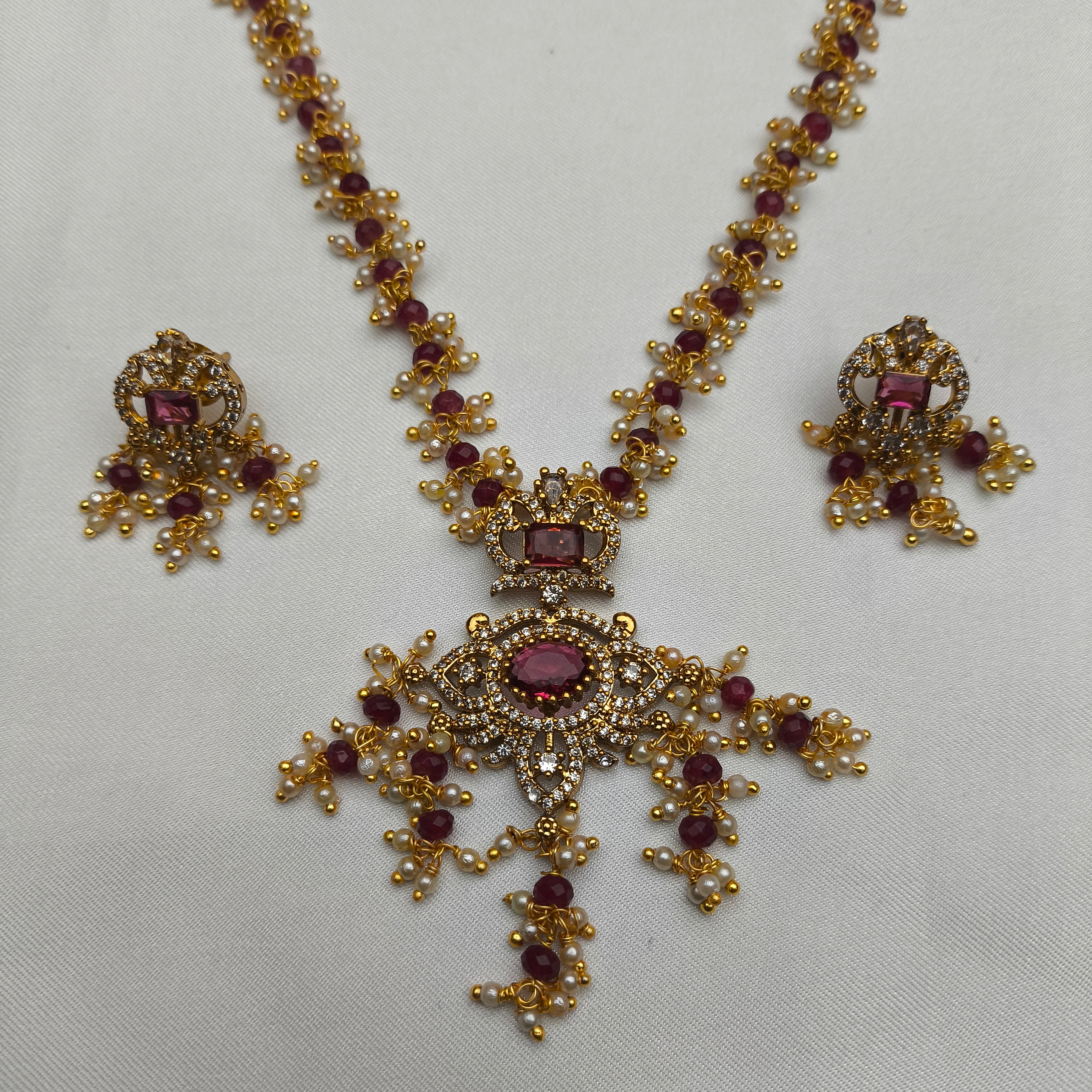 Ruby Stone Crown Pendant Pearl Mala Set