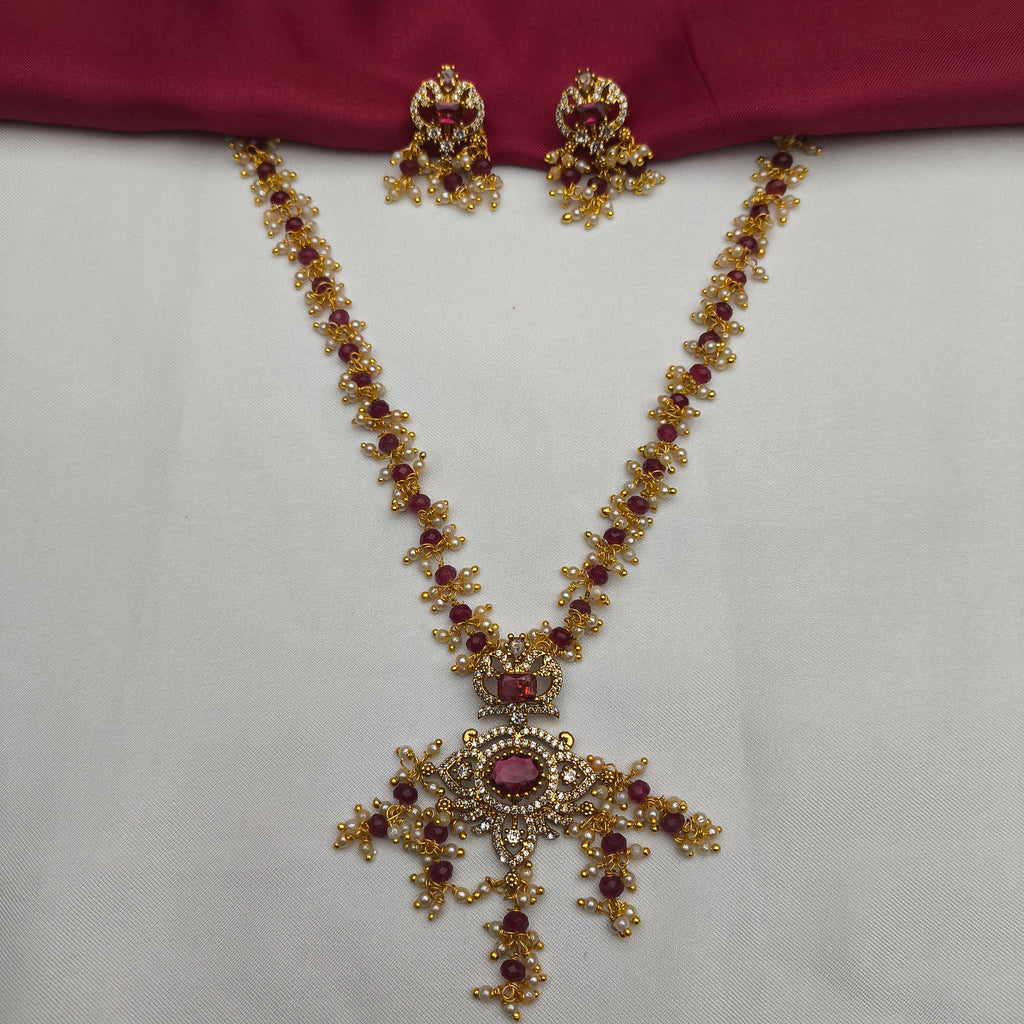 Ruby Stone Crown Pendant Pearl Mala Set