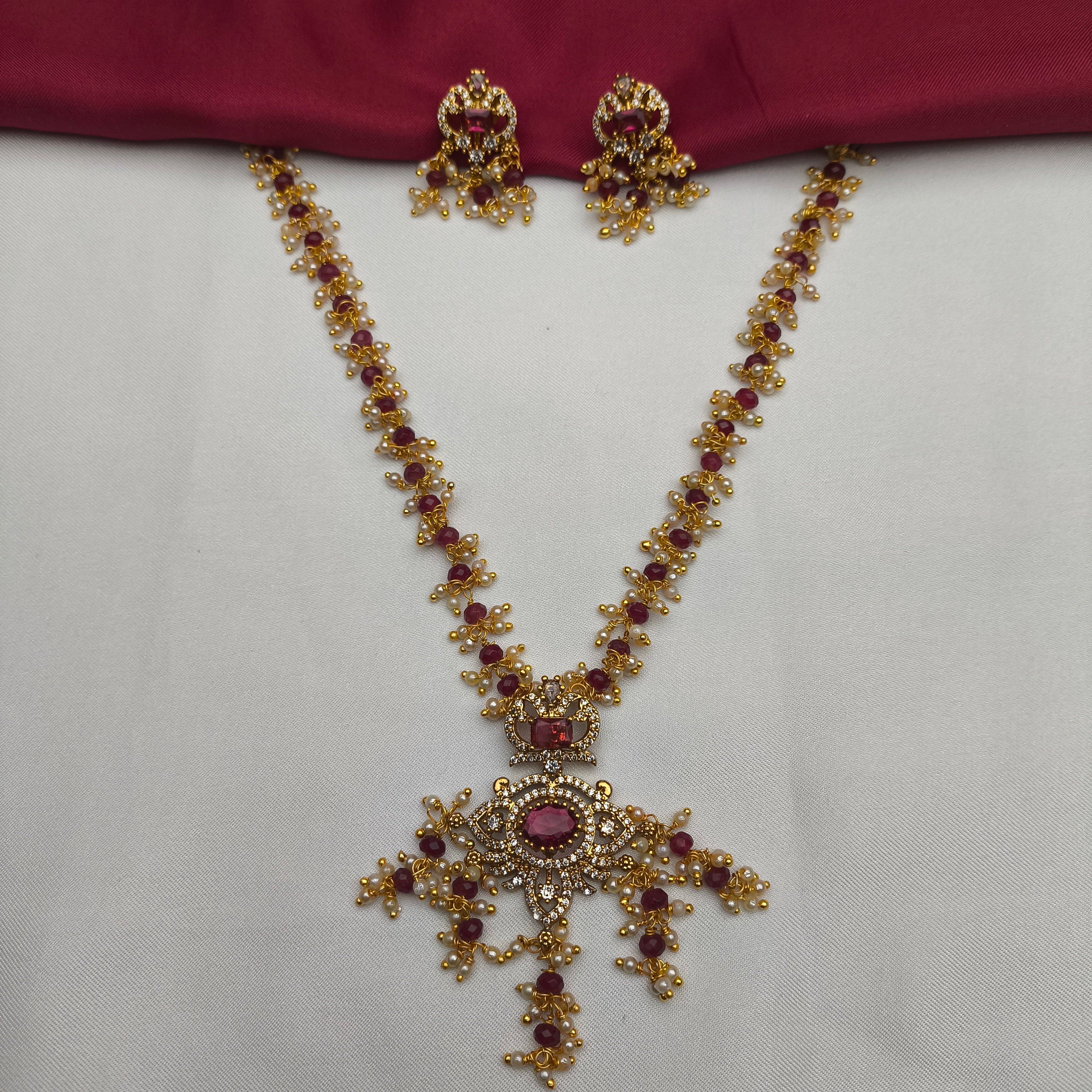 Ruby Stone Crown Pendant Pearl Mala Set